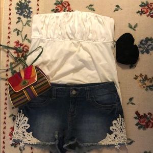 Tinsel Denim Shorts with Lace Accent